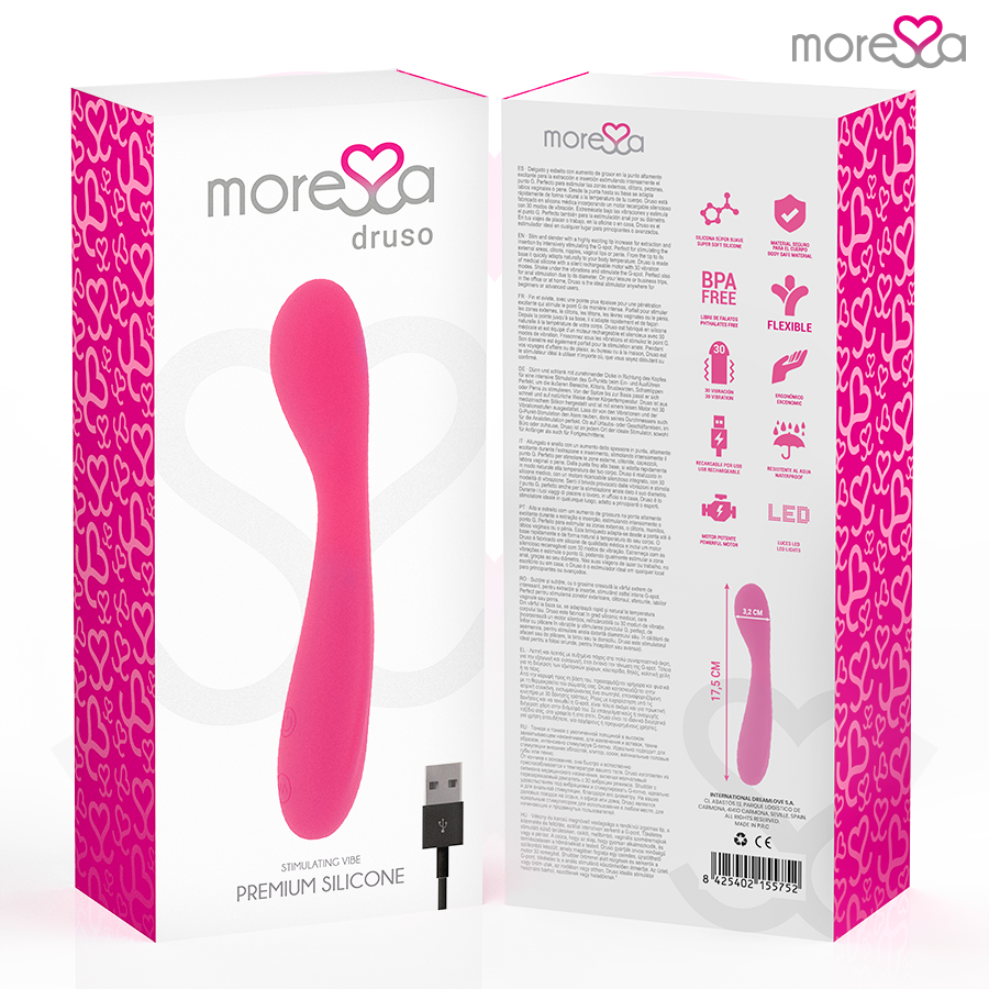 MORESSA - DRUSO MASAJEADOR DUO PUNTO G Y SUERO PELVICO PREMIUM SILICONE RECARGABLE