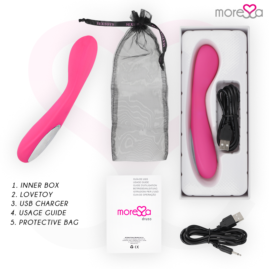 MORESSA - DRUSO MASAJEADOR DUO PUNTO G Y SUERO PELVICO PREMIUM SILICONE RECARGABLE